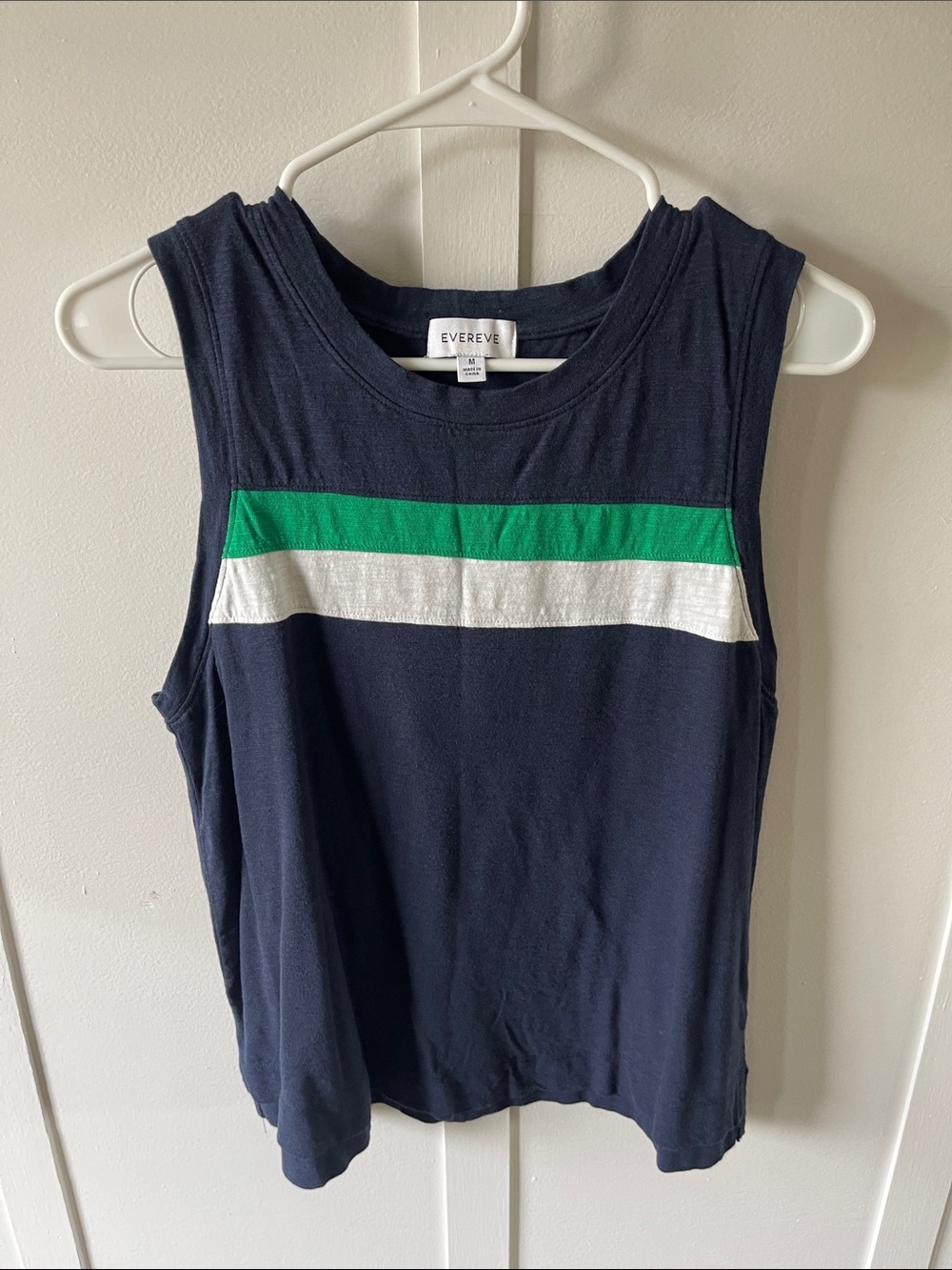 Evereve Navy Tank with Green and White Chest Stripe